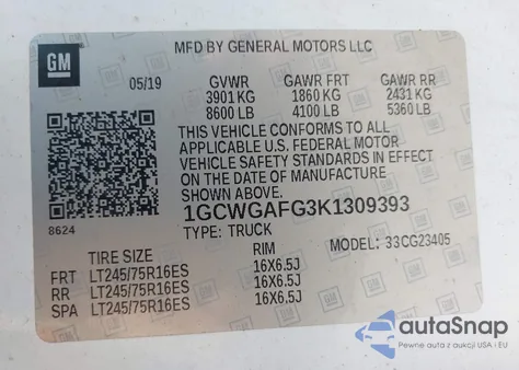 2019 Chevrolet Express 2500 Work Van z USA, uszkodzony, nr VIN 1GCWGAFG3K1309393